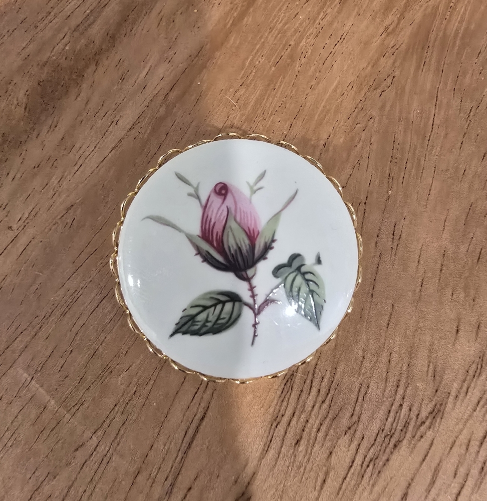 Vintage Handpainted Floral Porcelain Brooch with Gold Trim